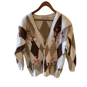 Chrysanthemum Argyle and Floral Cottagecore Knit Cardigan Sweater Vtg Granny